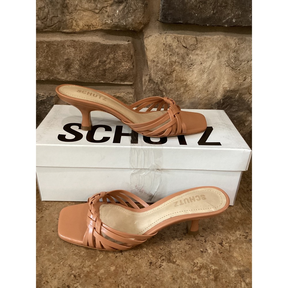 Schutz Tara Mule Mid Earth Clay Leather Braided Kitten Heel Sandals Size 5B NEW